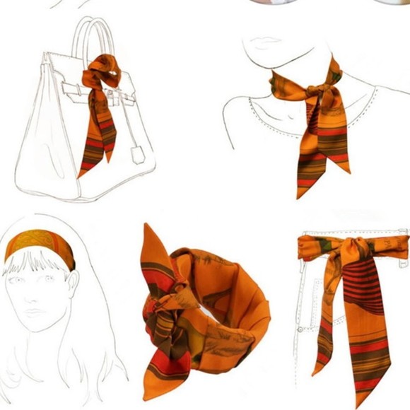 Western Blue Tan Brown Orange Silky Bag Twilly Scarf Set of 2 - Picture 4 of 4